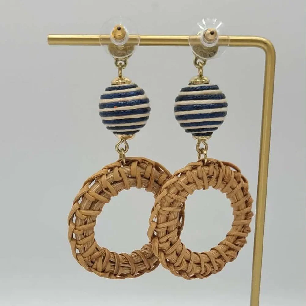 J Crew Rattan Circle Earrings with Blue White Beads Studs
